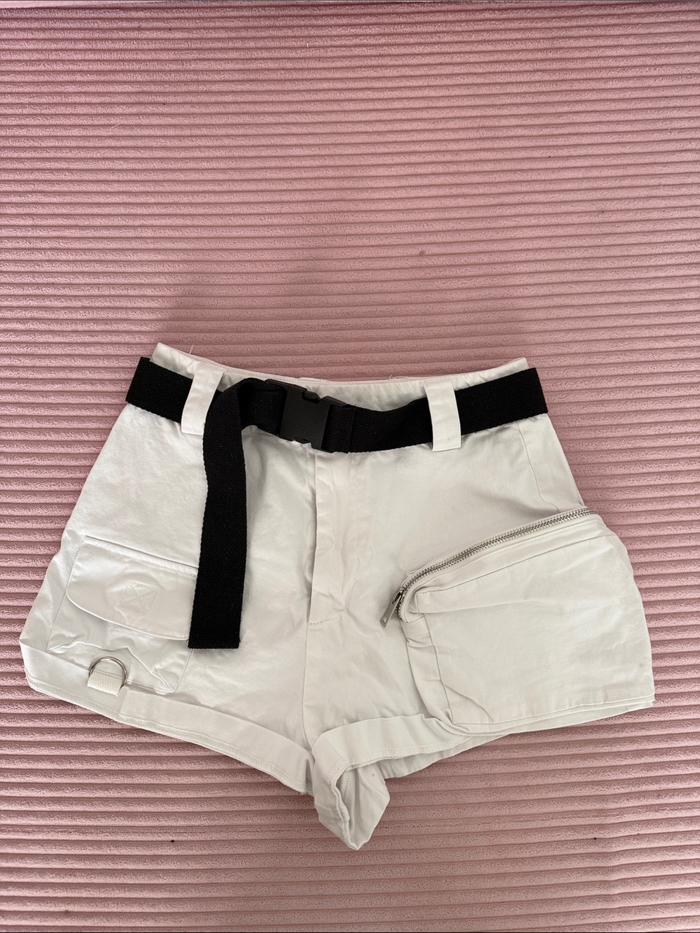 I.AM.GIA White Cargo Shorts with Black Web Belt